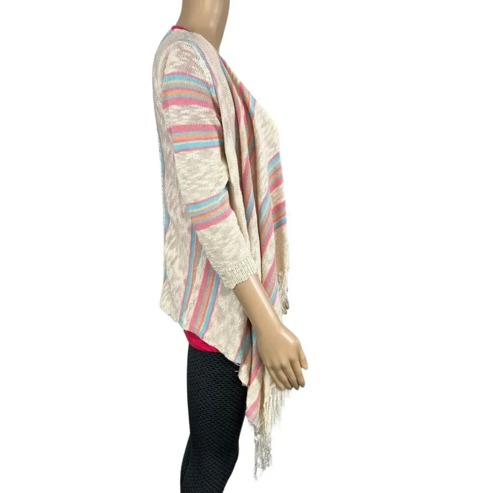 Maurices Womens Cardigan Sweater Crochet Back Striped Fringed Open Front Medium